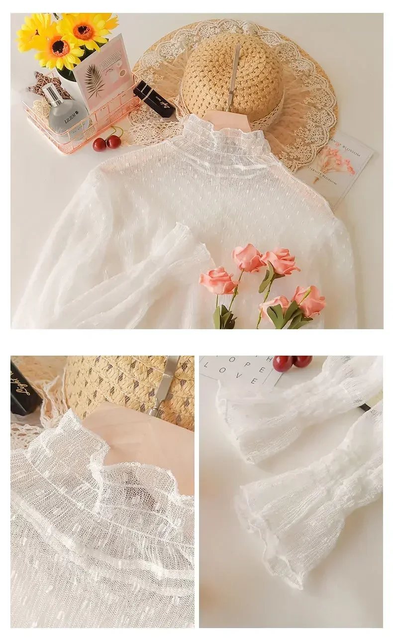 Blusa de verano con cuello alto y malla transparente para mujer, fina, ajustada, con encaje y mangas largas acampanadas