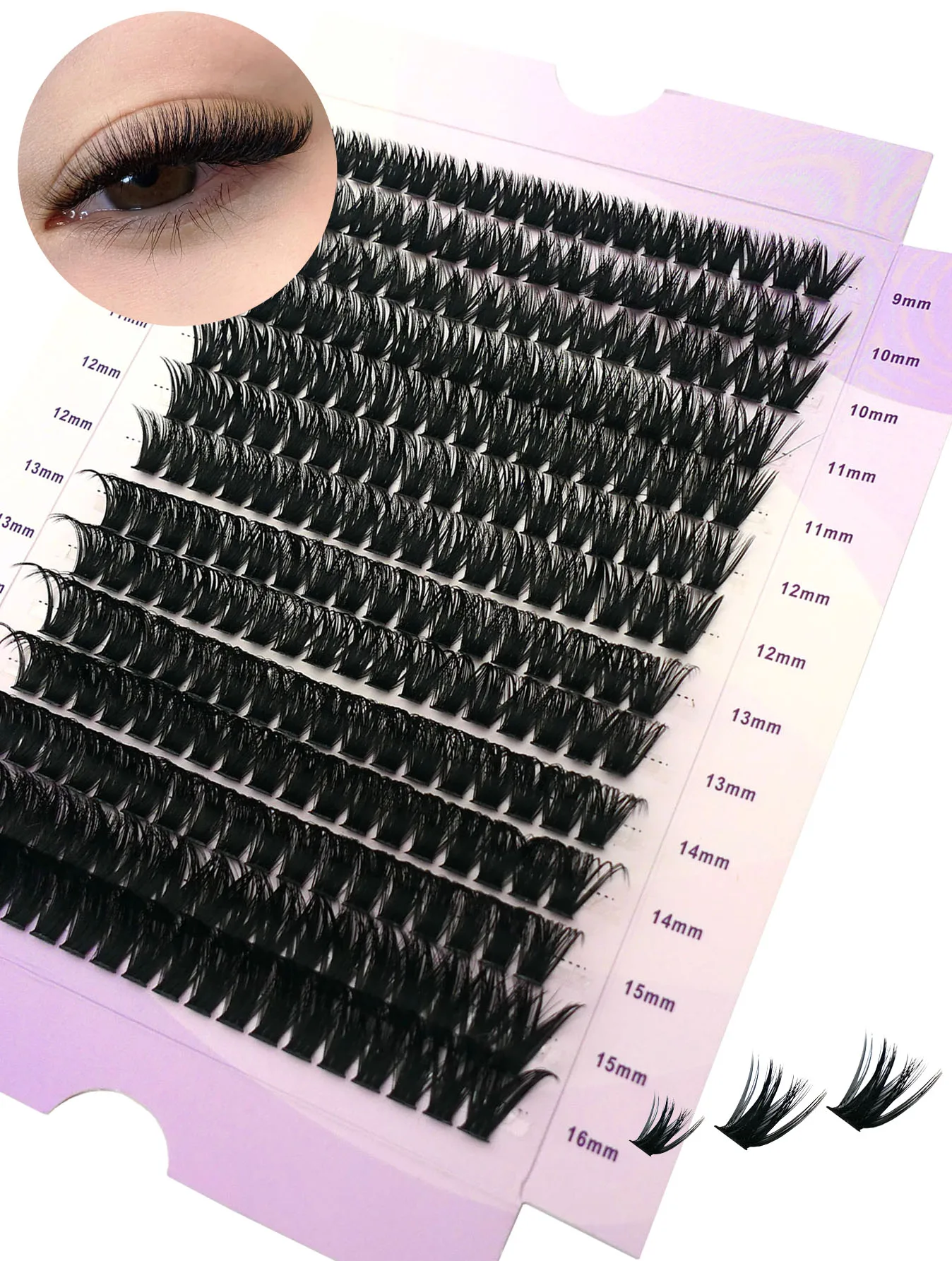 100D schwarze, weiche, natürliche Verlängerung dicke Wimpern, fächerförmiges Make-up-Werkzeug mit super großem Fassungsvermögen, 9–16 mm gemischte falsche Wimpern – Detail 11