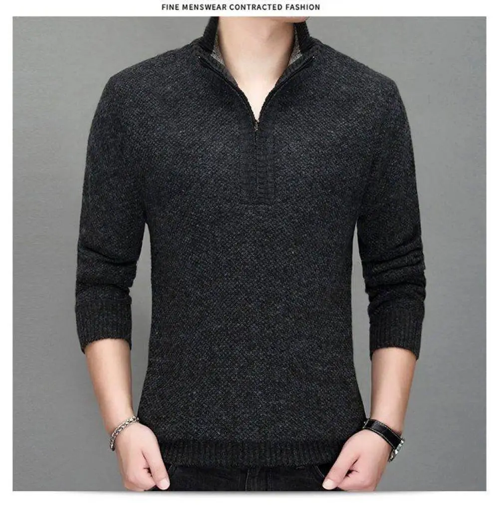 2023 Autumn Winter Men's Solid Color Half Zipper Sweater Cardigan Coat Plush Thickened Knitted Shirt Casual Slim Fit Pullover