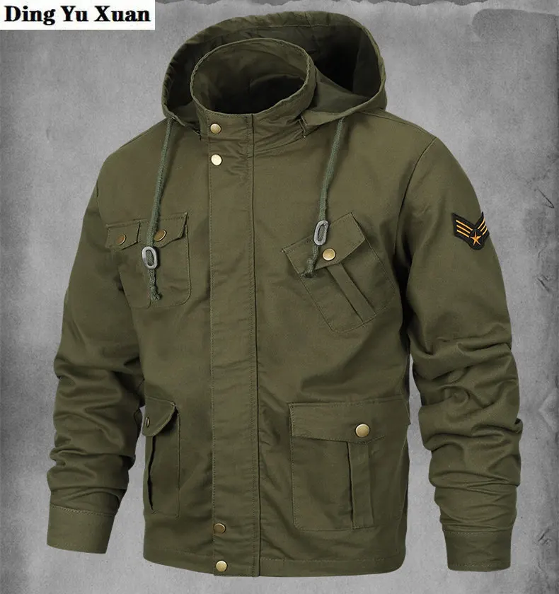 

Мужская хлопковая куртка-пилот с капюшоном, модель 5XL 6XL на осень, военная куртка, Мужская куртка-бомбер, тактическая куртка, модное армейское пальто черного и зеленого цвета