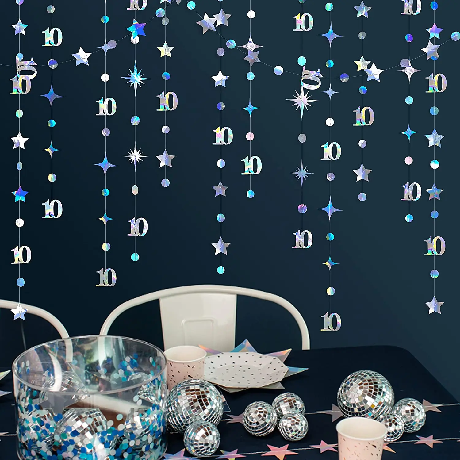Iridescent 10Th Happy Birthday Banners Decorations Circle Twinkle Star Garland Hanging Streamers 10Th Anniversary Party Supplies