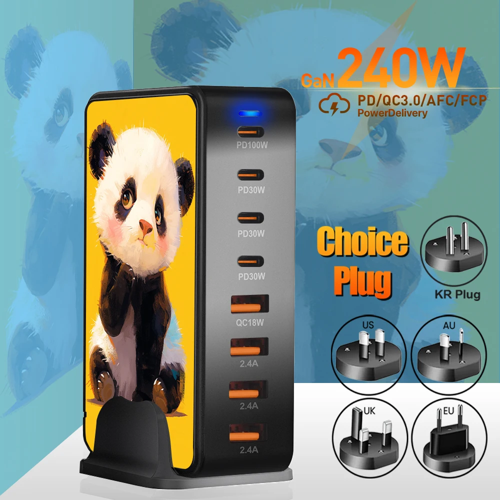 Eonline 3D 240W Desktop GaN Charger 8-port USB Type C PD Charger Fast Charge 3.0 USB Type C 4A 4C Mobile USB Charger