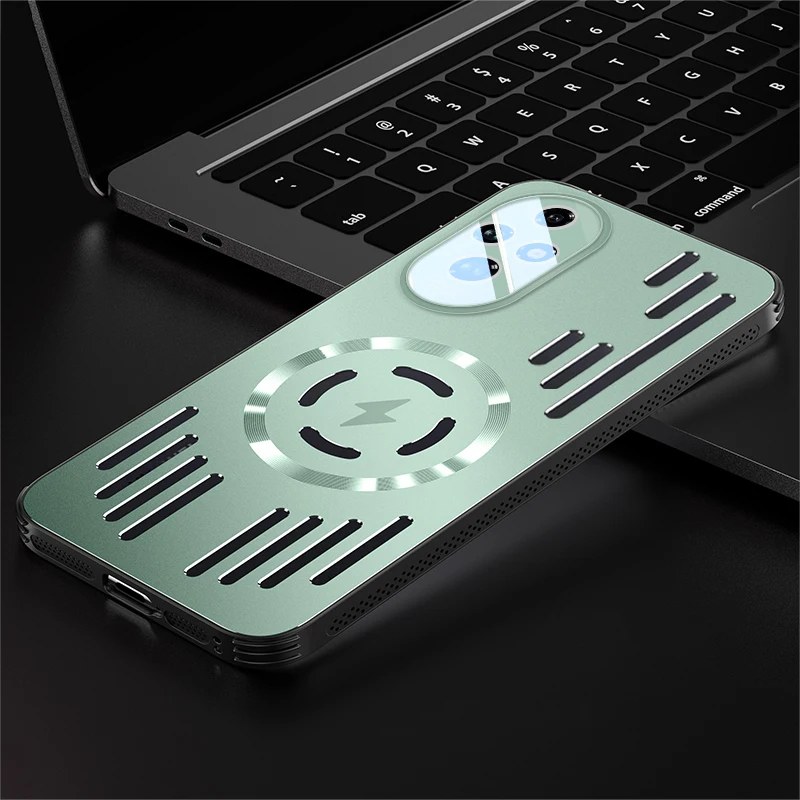 Luxury Magnetic Wireless Charging Smart Case with Hard Metal Heat Dissipation Back Cover