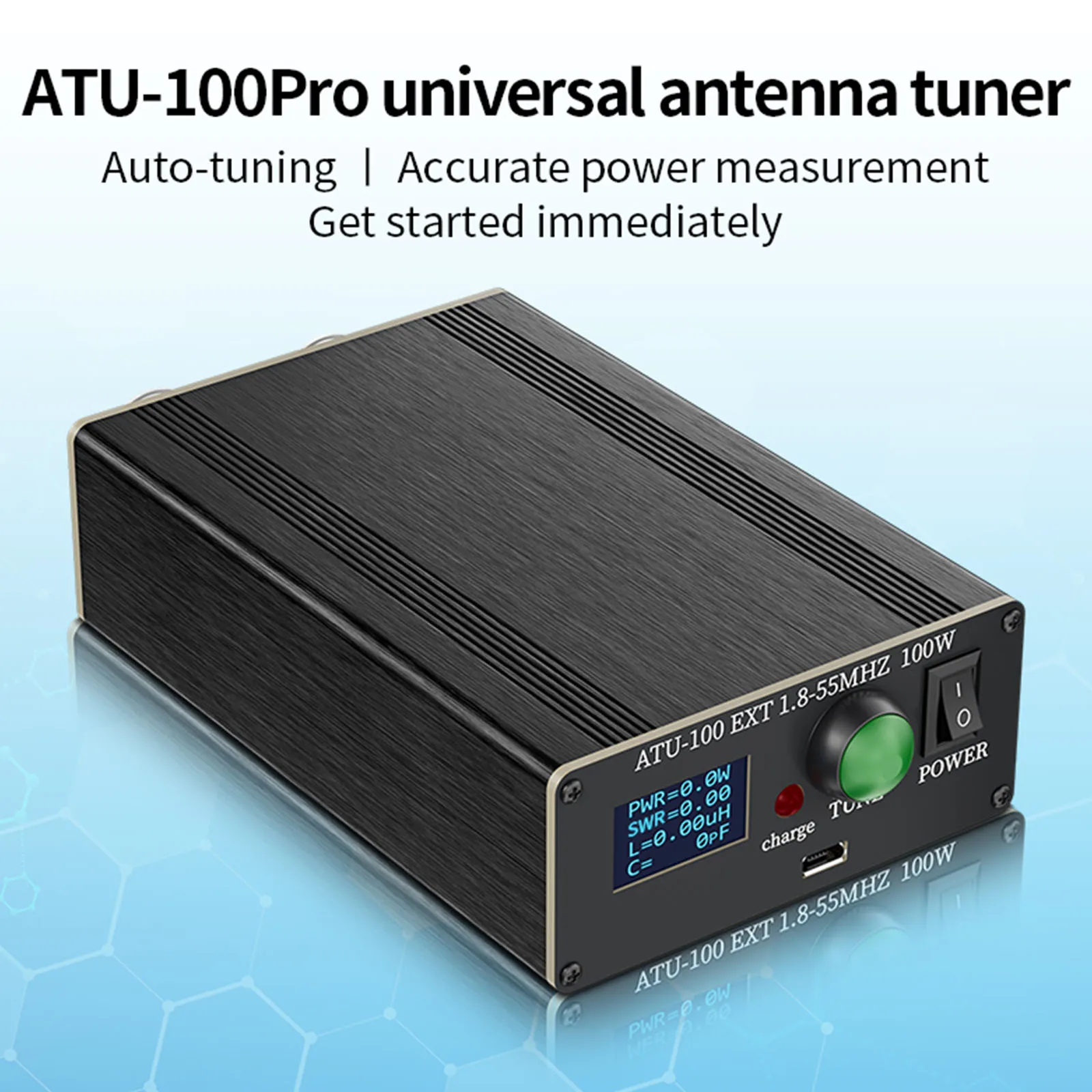 ATU-100 PRO 100W 1.8-50MHz 자동 안테나 튜너 0.96인치 OLED 디스플레이 라디오 금속 쉘 충전식 배터리 포함