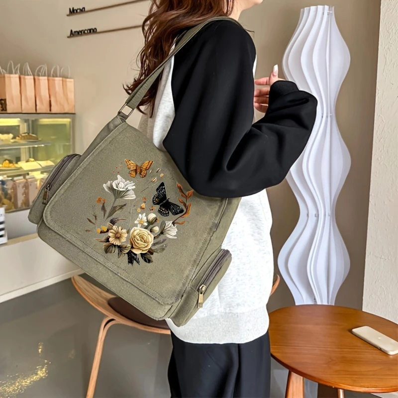 Artistic Women's Crossbody Bag Floral Butterfly Print Canvas Shoulder Bag Large Capacity Messenger Bag