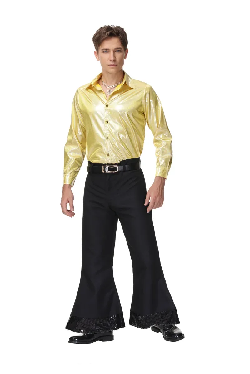 Men 60s 70s Retro Hippies Disco Costumes Cosplay Adults Night Club Hippies Dance Stagewear Outfits Halloween Party Dress Up - 5