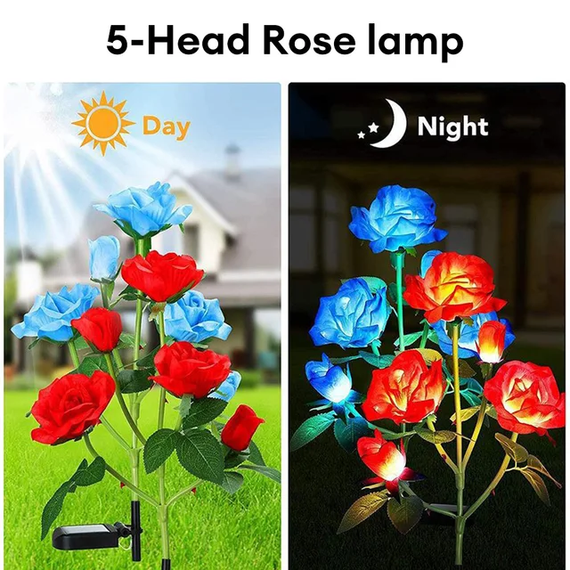 Luces solares decorativas para exteriores, lámpara de flores rosas para césped, Patio, decoración de jardín, 5 cabezales - Imagen 4