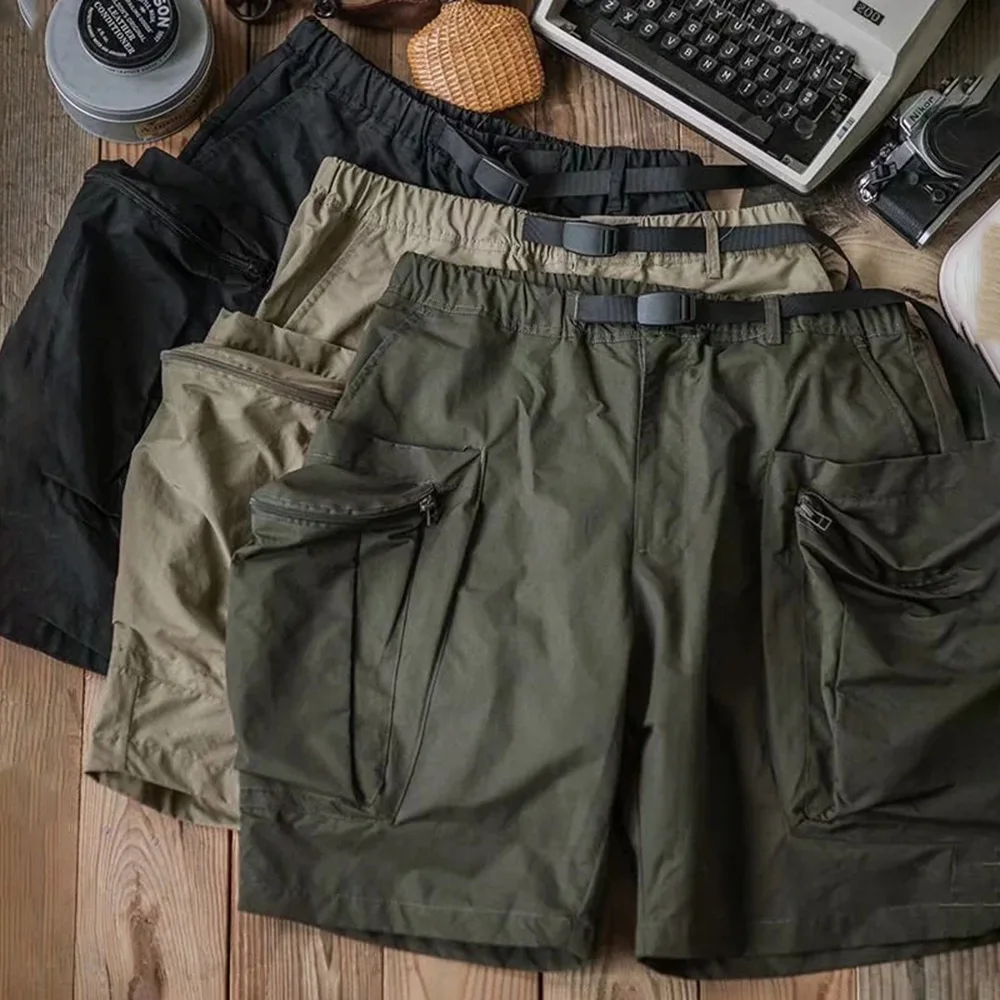Summer Cargo Pants Men's Vintage Belt Design Safari Style Shorts Fashion Casual Baggy Pocket Zipper Sports Knee Length Trousers