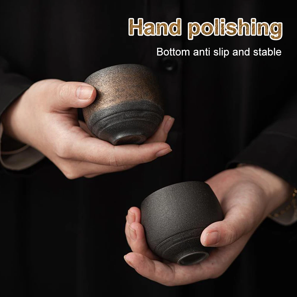 2 Pcs Handmade Iron-Speckled Teacups Kiln-Change Glaze Ceramic Cups Rustic Anti-Slip 80ml Japanese Style Gift Set