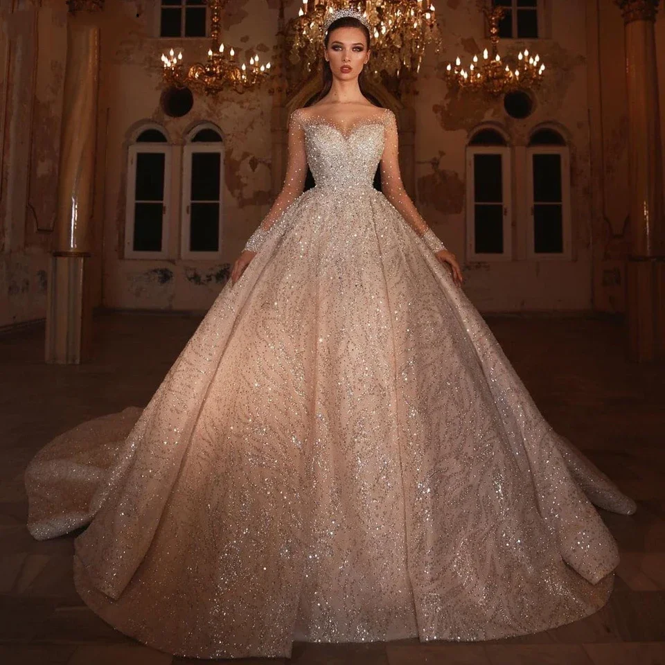 

Luxury Full Sleeves Wedding Dresses 2024 Pearls Shiny Sequins Dubai Princess Bridal Gowns For Bride Arabic Vestidos De Novia