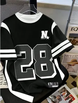 New Summer Men's American Simple Casual Round Neck Breathable T-shirt with Street Digital Printed Pattern Sports Style Top