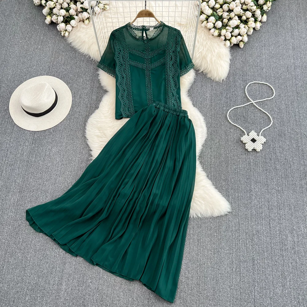 

Fashion Women's Quality Round Neck Lace Stitch Chiffon Shirt Two-piece Skirts Sets High Waist Mid-length Pleated Skirt Set
