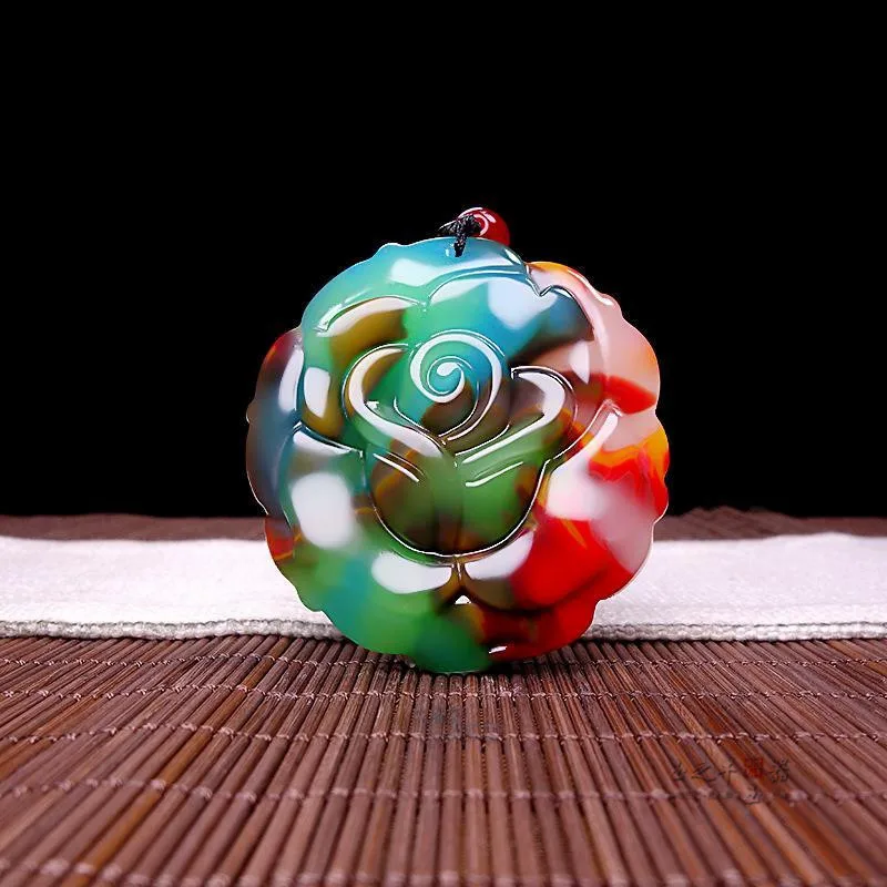

Natural Xinjiang Colorful Jade Rose Necklace Pendant Men's and Women's Versatile Sweater Chain Pendant Jewelry