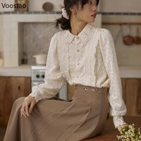 Vintage Elegant Lace Shirt Spring Autumn Women Sweet Long Sleeve Pearl Button Embroidery Blouses Office Lady Chic Ruffles Tops 6