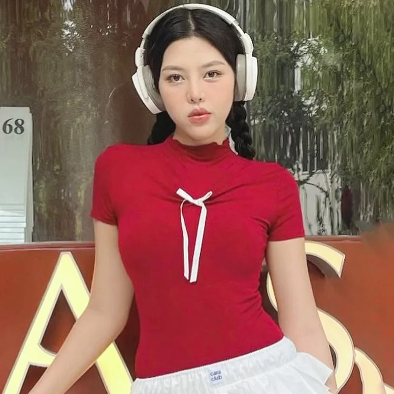 

Red T Shirt Y2K Cloths For Women Summer Cutecore Bow Short Sleeve Skinny High Collar Tops Korean Fashion