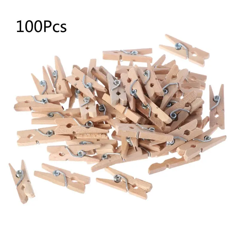 

100Pcs Mini Natural Wooden Clothes Photo Paper Peg Pins Clothespin Craft Clips School Office Stationery 25mm