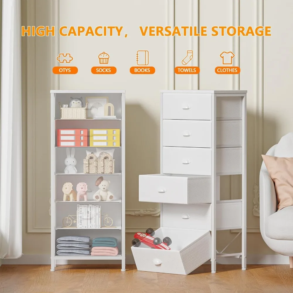 White Tall Dresser for Bedroom,Vertical Storage Tower Unit and End Table with 6 Drawers, Nightstand Furniture Fabric Drawer 4