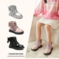 Children's Short Boots 2024 New Fashion Sequin Bow Baby Girl Princess Leather Shoes Autumn Soft Sole Non Slip Kid‘s Casual Shoes 2
