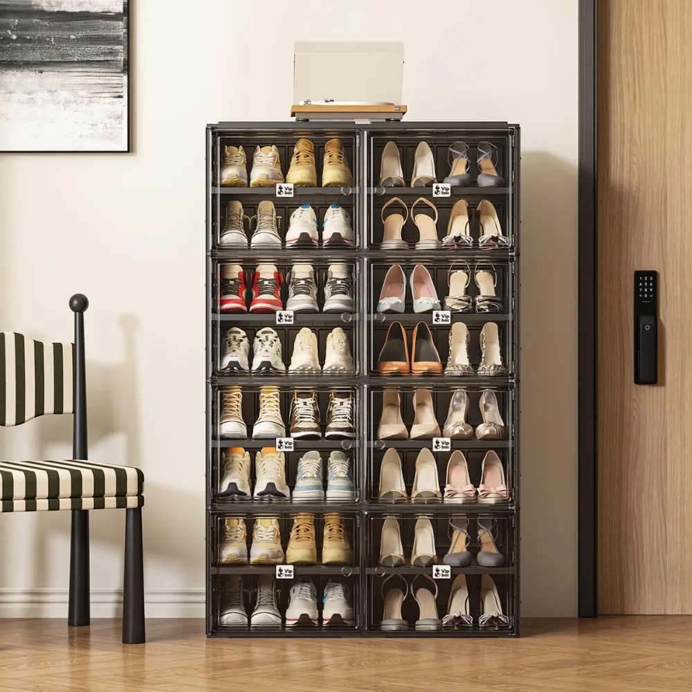 black shoe rack organizer cabinet for closet entryway,clear shoe storage boxes stackable sneaker storage with door easy assembly