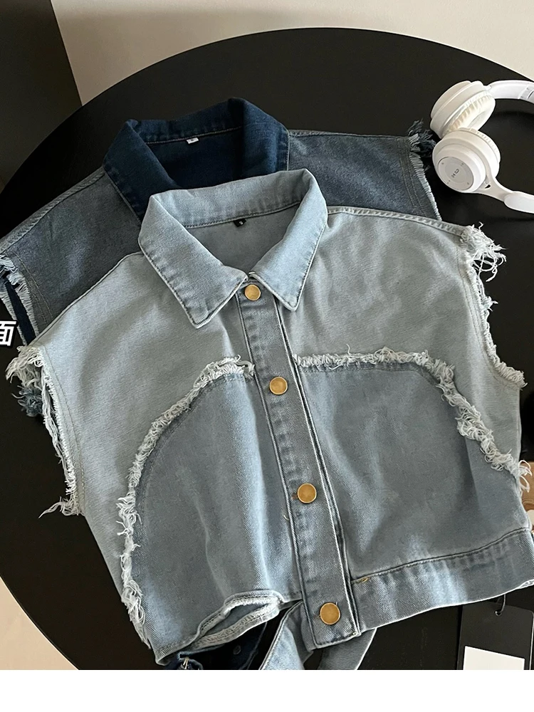 Patchwork Denim Jacket Vest Vintage Ripped Turn-Down Sleeveless Waistcoat Female Hollow Out Single-Breasted Cropped Tops 2023