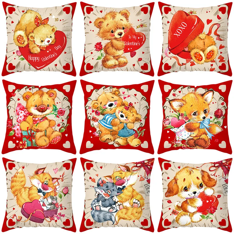 

New Cute Pet Cushion Cover 45X45 Valentine's Day Peach Leather Velvet Cartoon Printed Sofa Pillowcase Living Room Pillow Covers