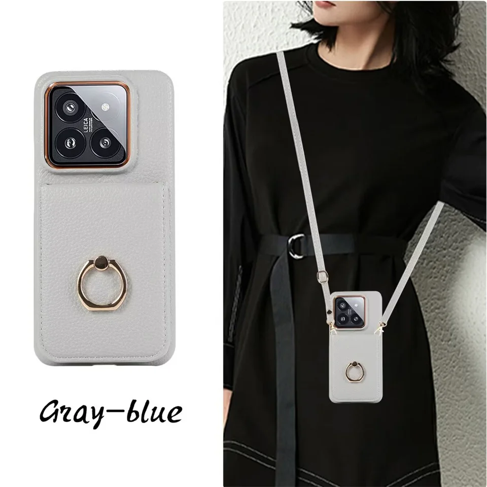 

Luxury Shoulder Strap Leather Case For Xiaomi mi14 Pro 13 14 Ultra Ring Card Slot Holder Mirror Stand Wallet Lanyard Phone Cover