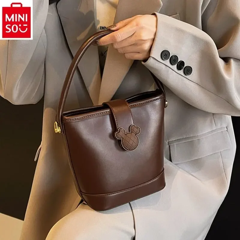 MINISO Disney Mickey Fashion Lock Bucket Bag Women's Vintage Versatile High Quality One Shoulder Crossbody Bag