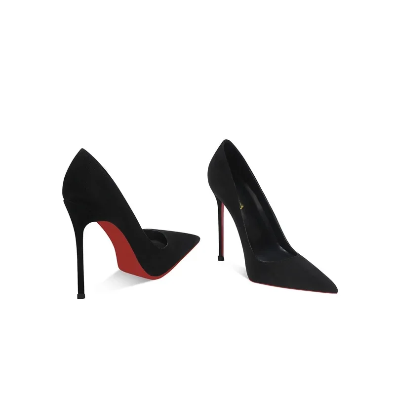Black Red Bottom High Heels 12cm Sheepskin Texture Pointed Toe Thin Heel Summer New Style Elegant Sexy Size 44 Women Shoes