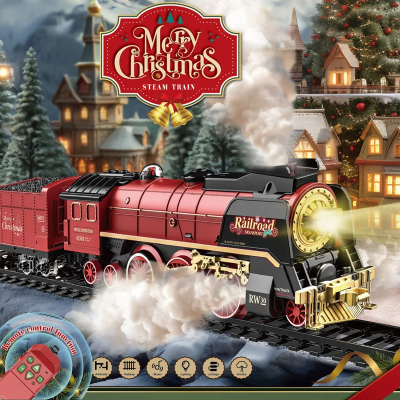 Christmas Remote Control Small Train Tracks Electric Steam Track Train Model Lights Children's Holiday Gifts