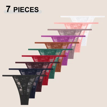 7Pcs/Set Women's Sexy Lace Transparents G-Strings Underwear Summer Solid Color Lace Floral Thongs Female Low Waist Sexy Lingerie