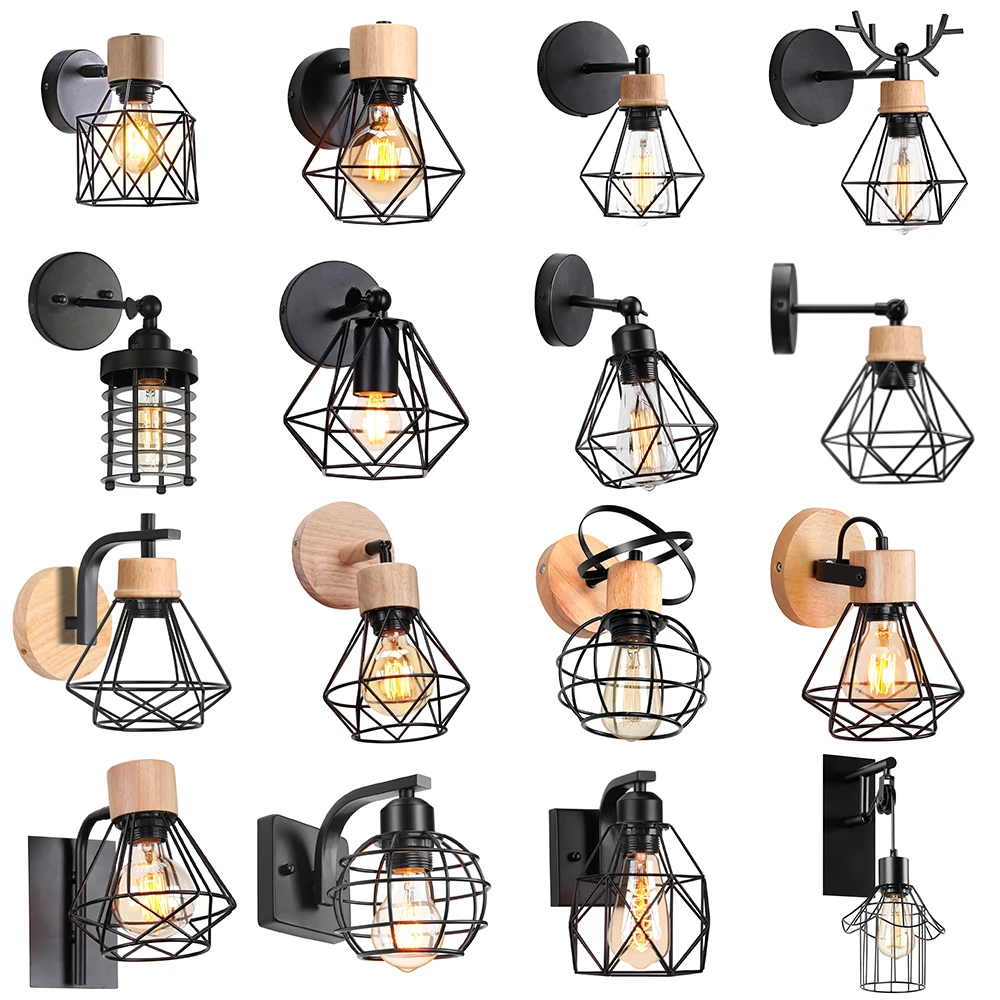 

Vintage LED Wall Light Retro Loft Industrial Wall Lamp E27 Wooden Iron Black Cage Lampshade Sconce Indoor Lighting Wandlamp