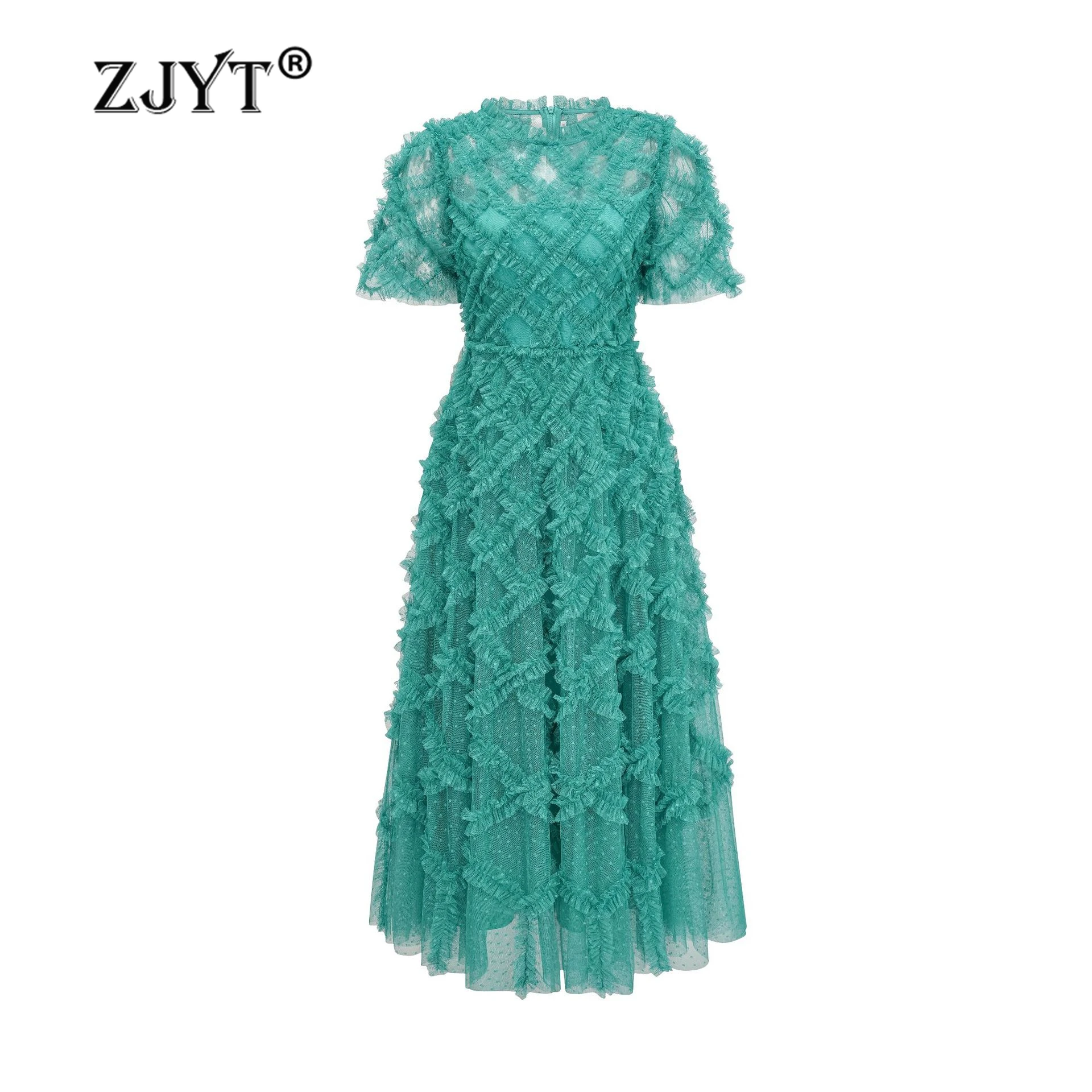 

ZJYT Luxury Ruffles Gauze Evening Party Long Dresses for Women Elegant Ball Gown Sweet Short Sleeve Maxi Summer Holiday Vestidos