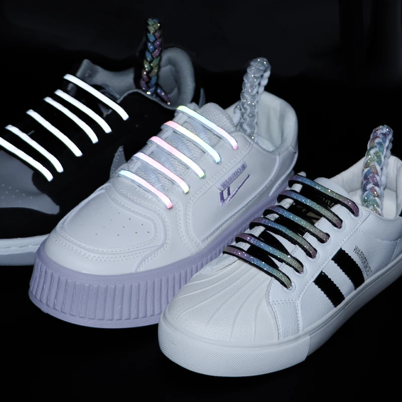 1Pair Holographic Glowing Fluorescent Star Shoelaces Reflective High-bright Luminous Laces Double-sided Flat Sneakers ShoeLaces