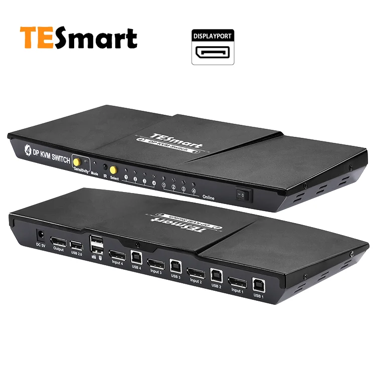 

TESmart Secure Display Displayport Kvm 1.2 4 in 1 Out Port Select Box 4-Port 4K 60Hz USB 2.0 Hub 4X1 DisplayPort DP KVM Switch