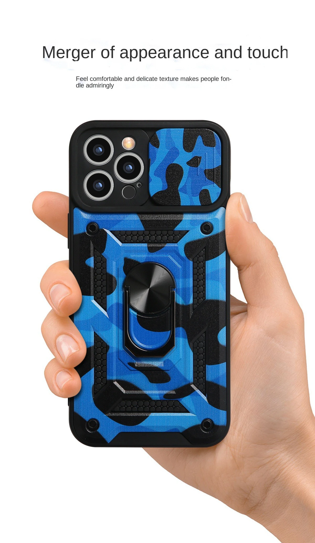 Camouflage Rugged Sliding Lens Protection Case For iPhone with Ring Holder