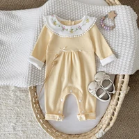 Autumn New Light Yellow Newborn Baby Clothing Flower Embroidery Doll Collar Bow Decoration Jumpsuit Cute Girls Daily Romper