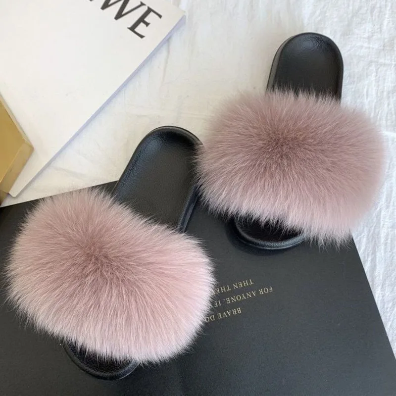 Summer Women Fox Fur Slippers Furry Flat Heels Fluffy Pink Slides High Quality Cozy Raccoon Fuzzy Sandals Fashion House Shoes - Image 6