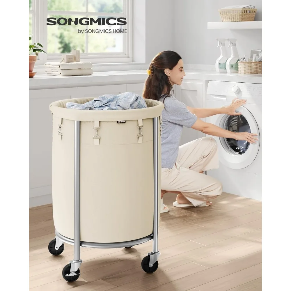 Laundry Basket with Wheels Rolling Laundry Hamper 29 Gal. Round Cart with Steel Frame and Removable Bag