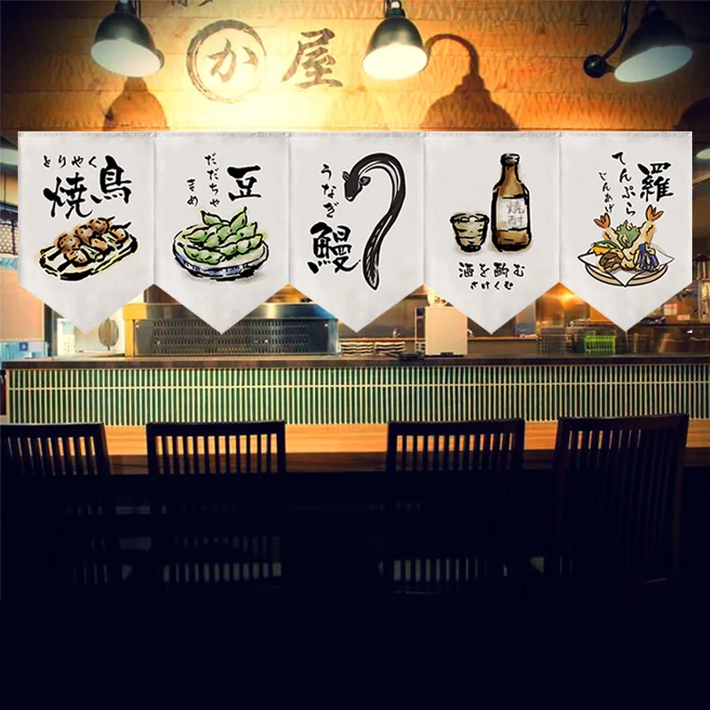 

Japanese Hanging Door Curtain Sushi Restaurant Shop Short Curtain Triangle Flag Kitchen Printing Noren Sushi Izakaya Home Decor