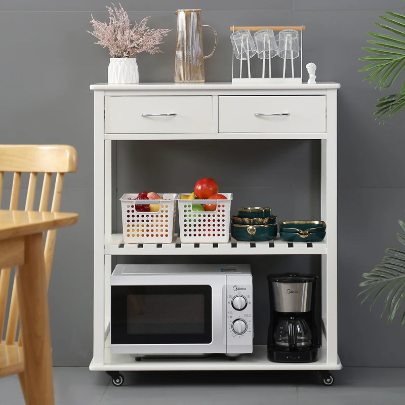 

100% Wooden Movable Simple Kitchen Cabinet Double Drawer Storage Organizer Rolling Storage Shelves Side Table Home Furniture
