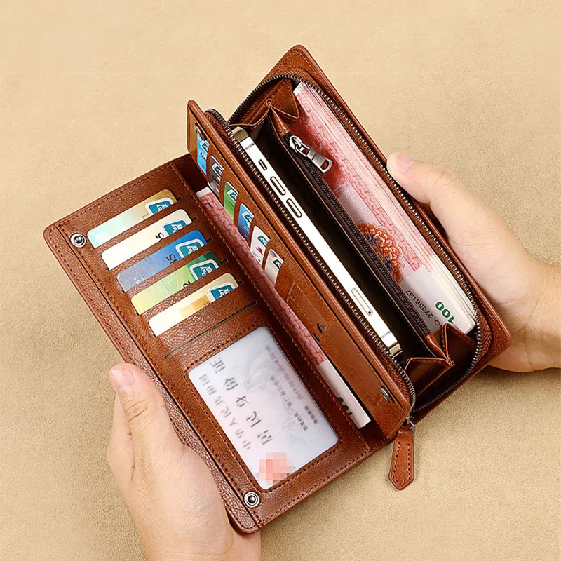 Genuine leather men purse the first layer of cowhide retro business long style with buckle multi clip cowhide handbag new style