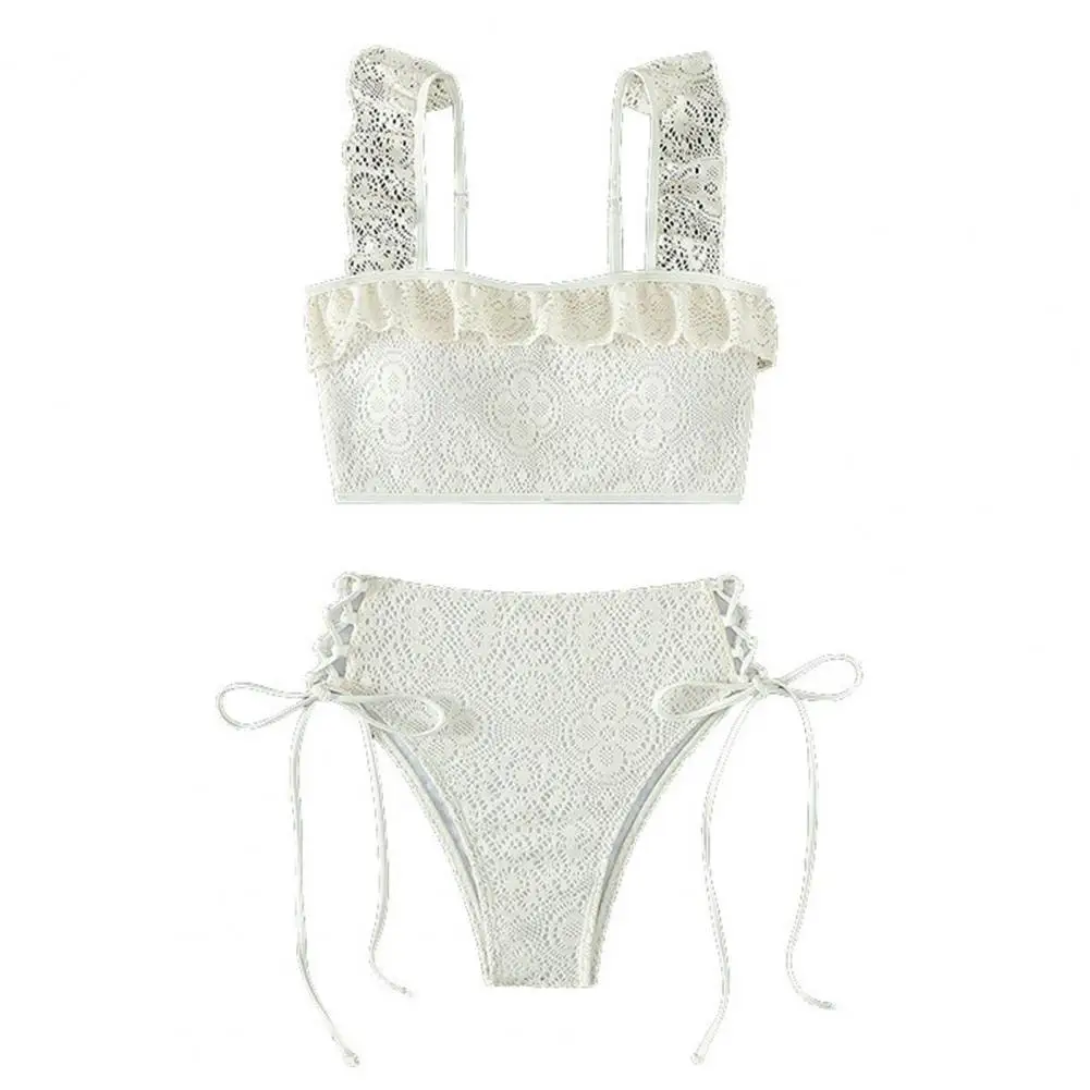 

2Pcs/Set Ruffle Trim Bandeau Cross Lace-up High Waist Bikini Set Hollow Lace Solid Color Women Swimsuit Beachwear