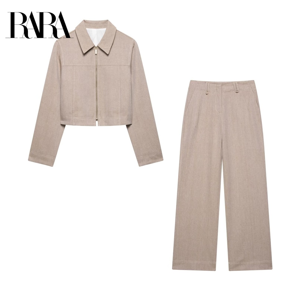 2025RARA Herringbone Twill Minimalist Casual Commuter Long-sleeved Lapel Short Jacket With High-waist Straight Casual Trousers
