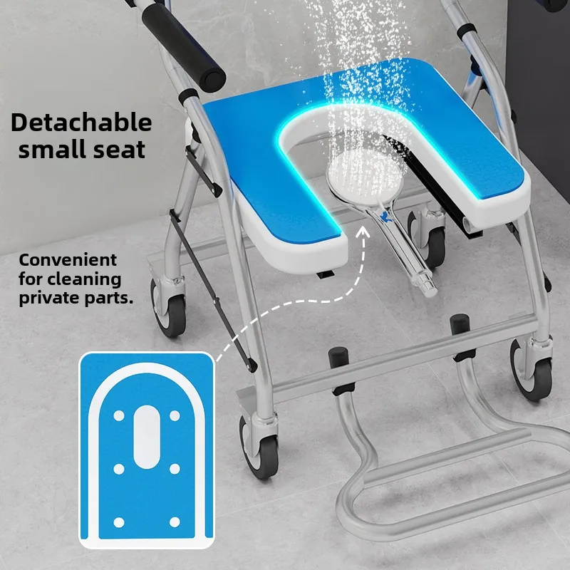 Foldable Bathroom Chair and Mobile Commode Shower Wheelchair for Elderly Handicapped Versatile Bathroom Chair Rotatable Handrail