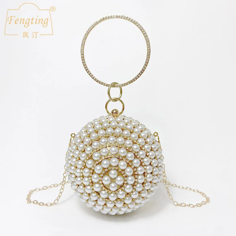 

Women's Pearl Beaded Round Ball Evening Bags 2022 Luxury Chain Shoulder bag Elegant mini Clutches Party Purse for Bride B469