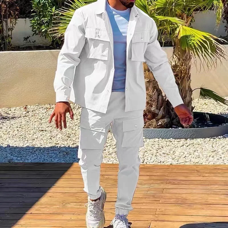 Men's Jacket Cargo Pants Set with Pocket Button Spring Autumn Tracksuit High Quality Solid Color Male Fashion 2 Pieces Suit