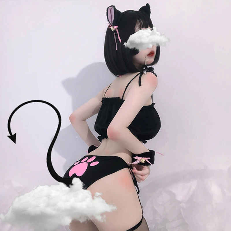 Women Lingerie Japanese Anime Cat Cosplay Women Girls Sexy Lingerie Set Mini Ruffle Kawaii Bra Briefs Set Neko Maid Embroidery Ear Choker