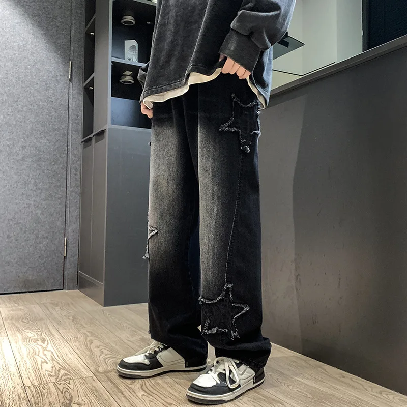 High Street Tide Brand Casual Jeans Men's  Loose Handsome Student Korean Fashion     Brand Clothing Straight Wide Leg Trousers