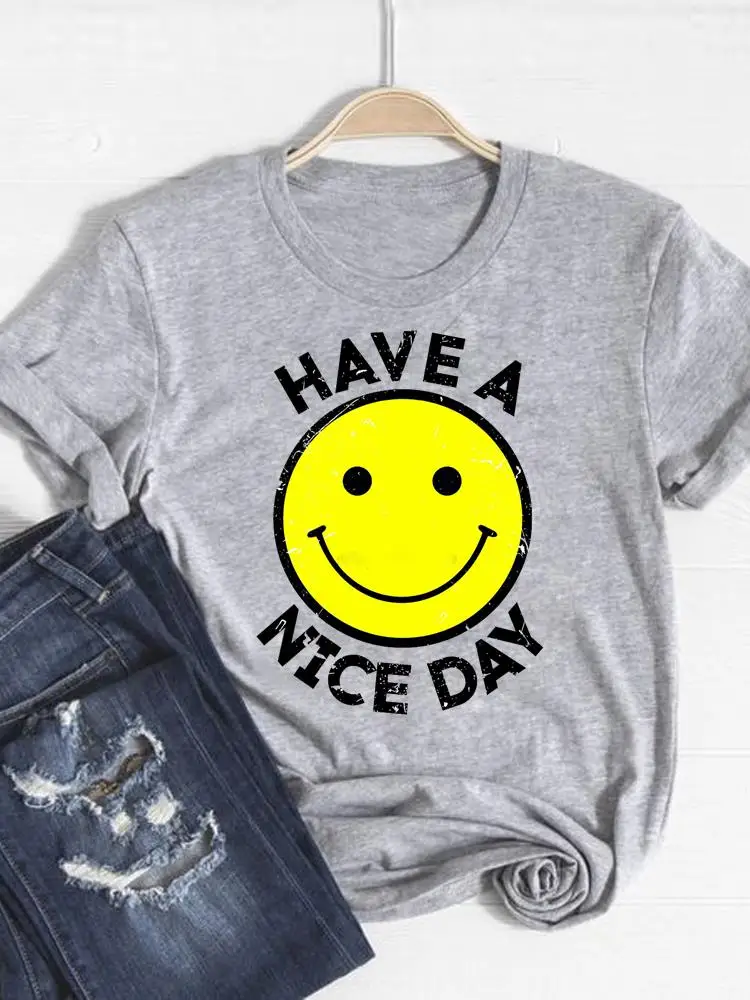 

Print T Shirt Short Sleeve Happy Time Trend Sweet Summer Top Fashion Clothes Women Clothing Gray Basic Tee Graphic T-shirt
