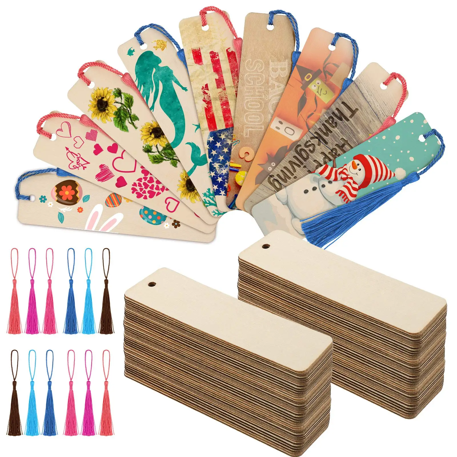

36PCS Wood Bookmark Bulk Blank Bookmarks with Tassels Wooden Book Markers Rectangle Thin Hanging Tag with Holes for DIY Projects